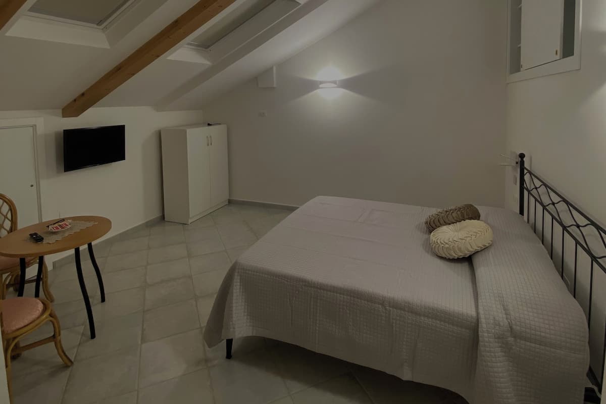 A bedroom with a bed, a small table with chairs, a television, and a window.