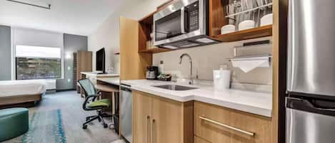 Desk, laptop workspace, blackout curtains, iron/ironing board