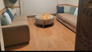 A living room with a sofa, a round ottoman, a potted plant, and a wall-mounted shelf.
