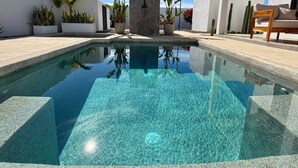 A clear swimming pool with a central fountain, surrounded by potted plants and a wooden bench. - Casa Cielo | Private Luxury with Ocean Views (El Pescadero)