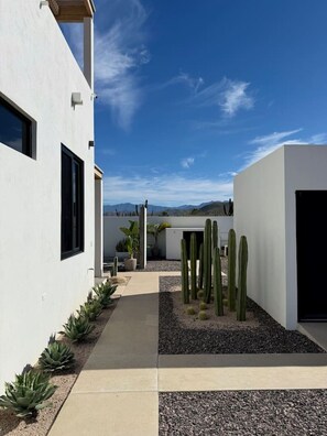 Un bâtiment moderne au design minimaliste, doté d’un patio agrémenté de cactus et de plantes succulentes, et offrant une vue dégagée sur le paysage environnant.