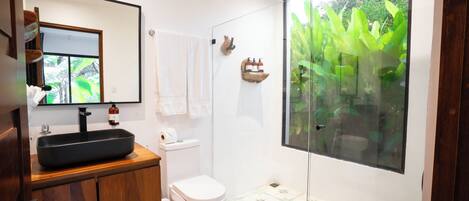 A modern bathroom with a black sink, white toilet, and a glass shower enclosure with a view of greenery.