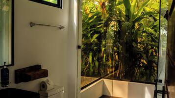 Shower, towels, soap, shampoo