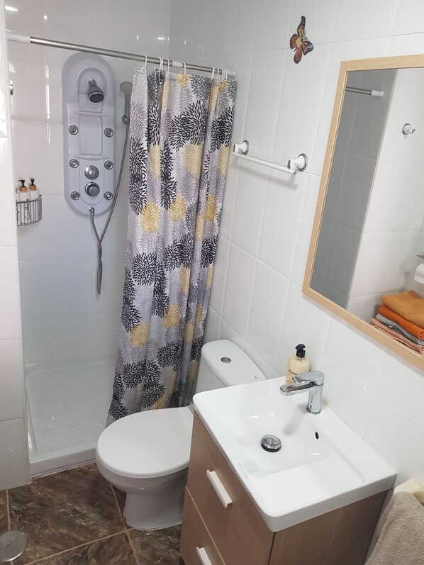 Shower, hair dryer, towels, soap