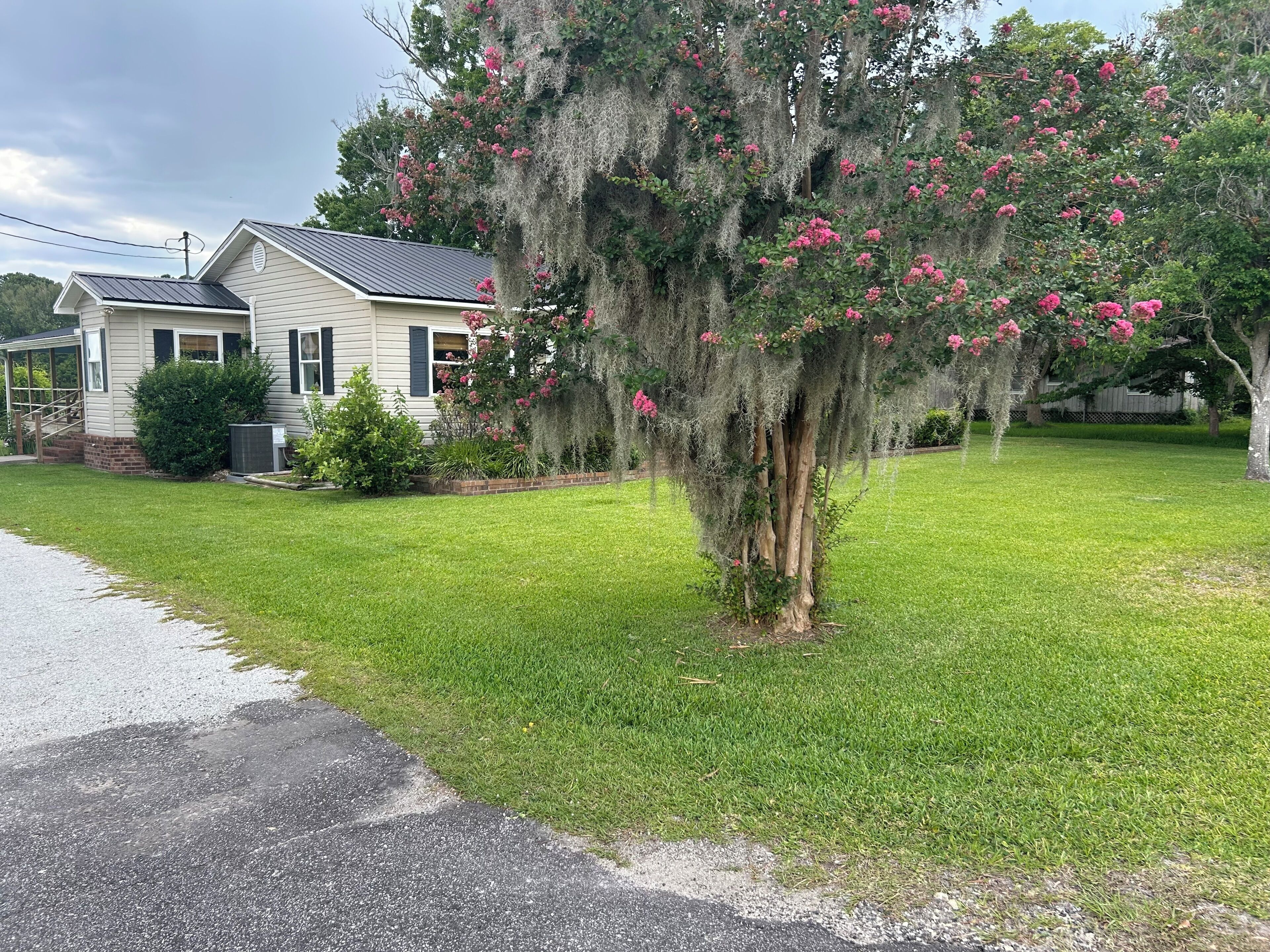 A residential house with a well-maintained lawn, a tree with pink flowers, and a clear sky.