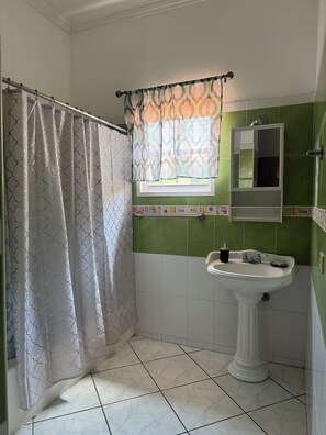 Hair dryer, towels, soap, toilet paper