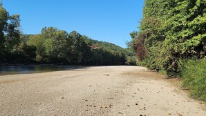 Un sendero de grava que lleva a un río, rodeado de abundante follaje verde y árboles.