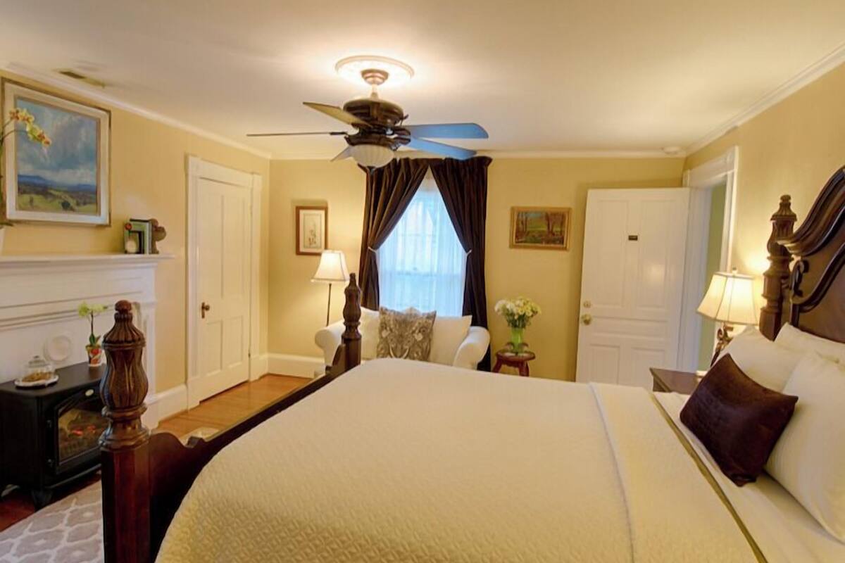 Een hotelkamer met een groot bed, een plafondventilator, een open haard en uitzicht op de omgeving.