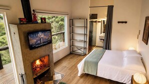 A bedroom with a bed, a fireplace, a TV, and a window with a view.