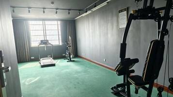 Une salle de sport équipée de matériel d’exercice, dotée d’une grande fenêtre et recouverte d’une moquette verte.