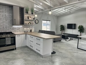 Frigorífico, microondas, horno y placa de cocina