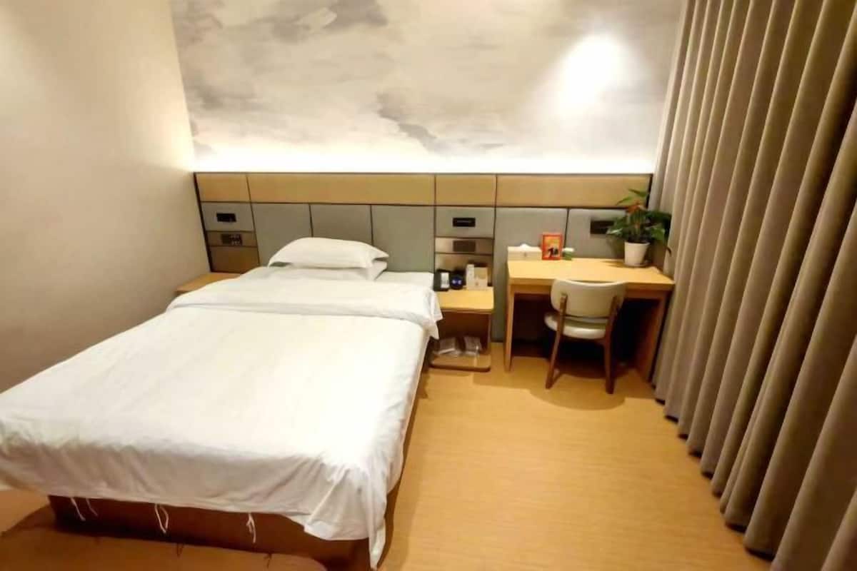 A hotel room with a bed, a desk, a chair, a small table, a potted plant, and a curtain.