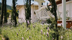 Un jardín con un pabellón blanco, árboles altos y un sendero.