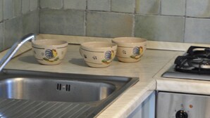 A kitchen with a stainless steel sink, three ceramic bowls with a rooster design, and a gas stove. - BORGO SAN BASILIO: MOONLIGHT HOUSE - CON PISCINA E ANIMAZIONE DIURNA E SERALE (Pisticci)