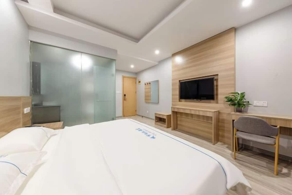 A hotel room with a bed, a desk, a chair, a TV, and a plant.