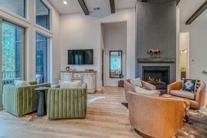 Smart TV, fireplace, books