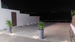 Un espacio al aire libre con piso de concreto, dos plantas en macetas, una cerca de madera y una pared blanca con una puerta.