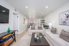 Smart TV, fireplace, table tennis, books