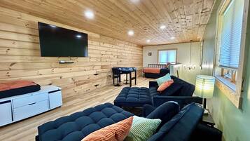 Smart TV, fireplace, table football