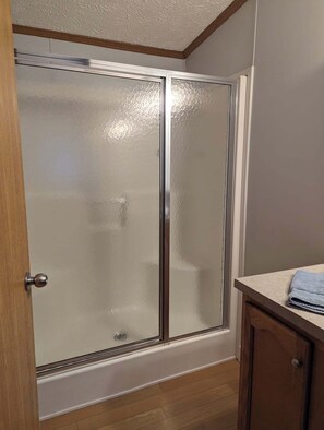 Hair dryer, towels, soap, toilet paper