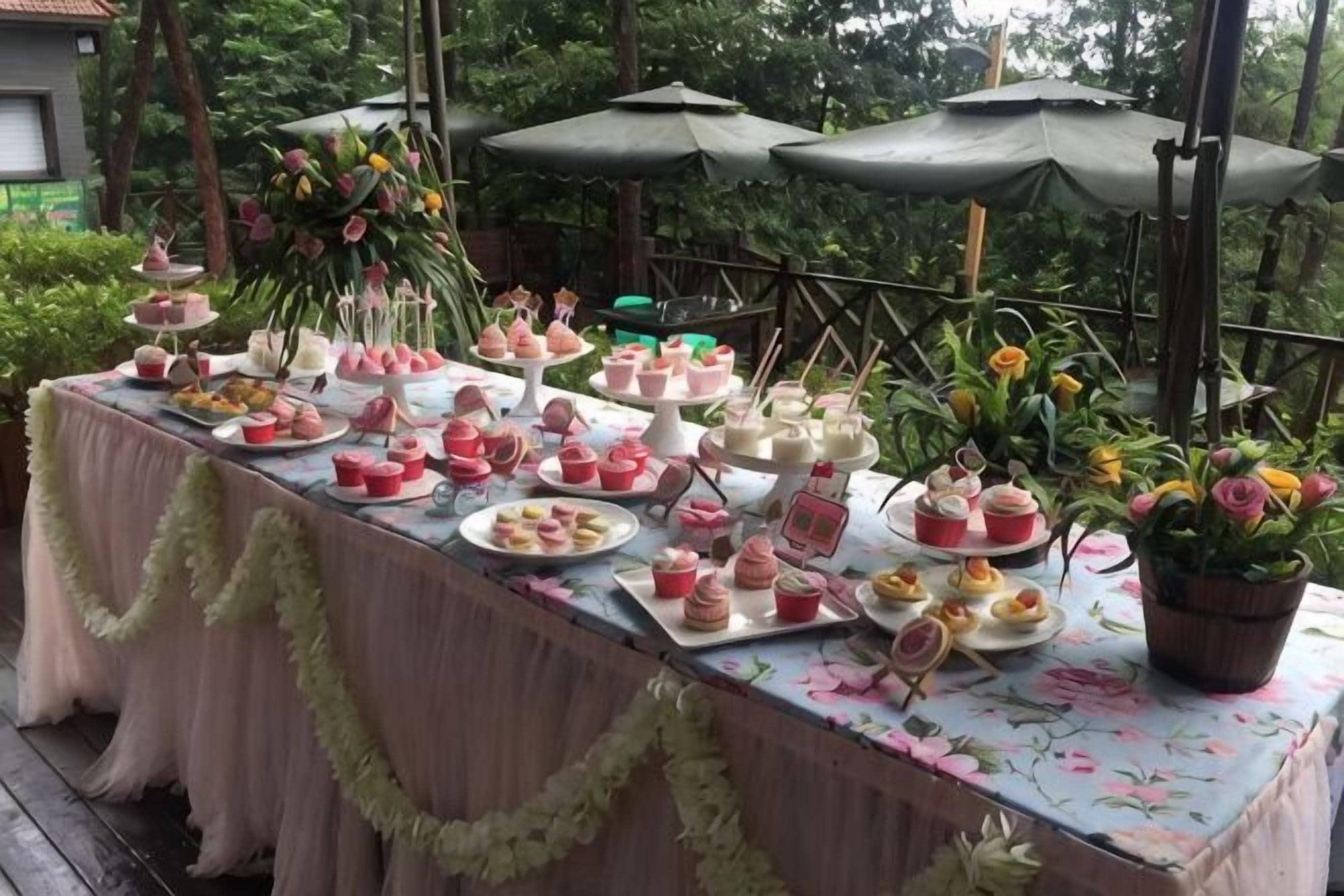 An outdoor table with various food items and drinks, surrounded by greenery and umbrellas.