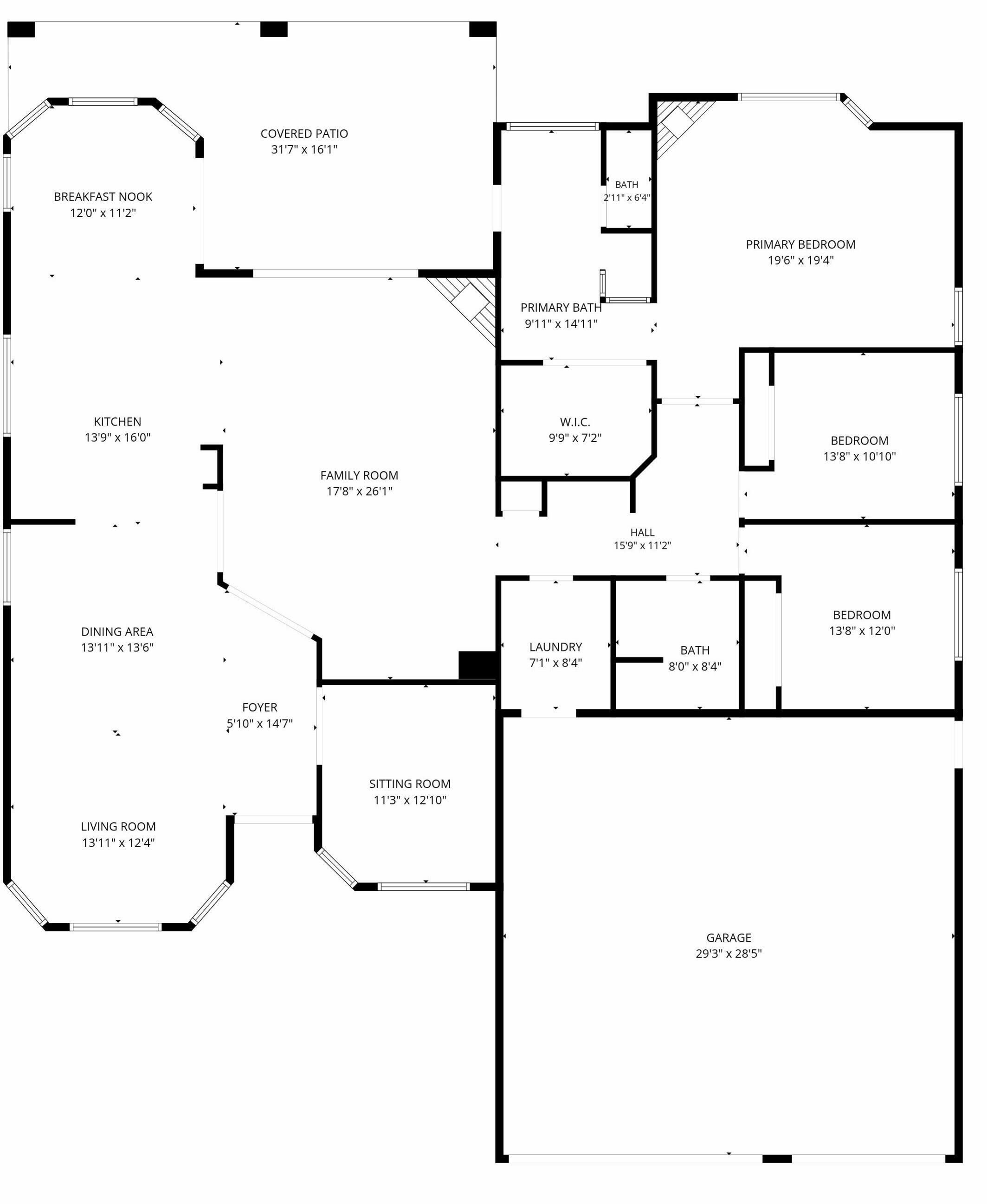 Plano de planta con patio cubierto, rincón de desayuno, cocina, comedor, sala de estar, sala familiar, vestíbulo, sala de estar, habitación principal, baño principal, habitación secundaria, lavandería y garaje.