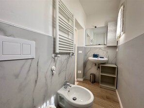 Hair dryer, bidet, towels, soap