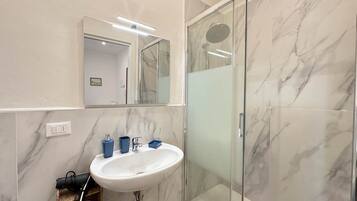 Hair dryer, bidet, towels, soap