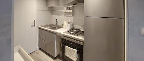 Una cocina compacta con refrigerador de acero inoxidable, estufa a gas, horno integrado y pileta.