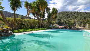 A swimming pool with a clear blue water surface, surrounded by lush greenery and palm trees. - Gorgeous home in OLETTA (OLETTA)