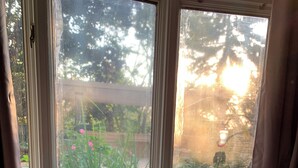 A window with a clear view of a garden, a glass vase with a plant, and a cushion with a floral design. - Near O’Hare, King Bed, Spacious, Great Backyard, WiFi, AC (Wood Dale)