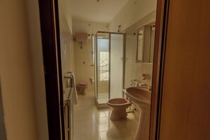 A bathroom with a toilet, bidet, and a shower area. - Casa Della Nonna (Pollutri)