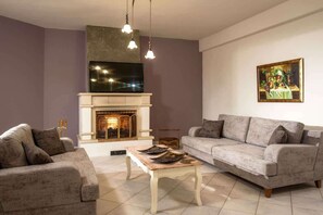 Televisio, takka, DVD-soitin, työhuone