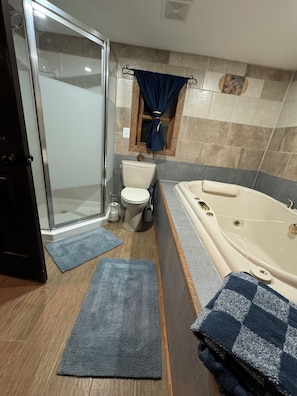 Baño con cabina de ducha de vidrio, inodoro, bañera y dos alfombras azules en el suelo.