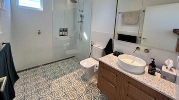 Shower, hair dryer, bidet, towels