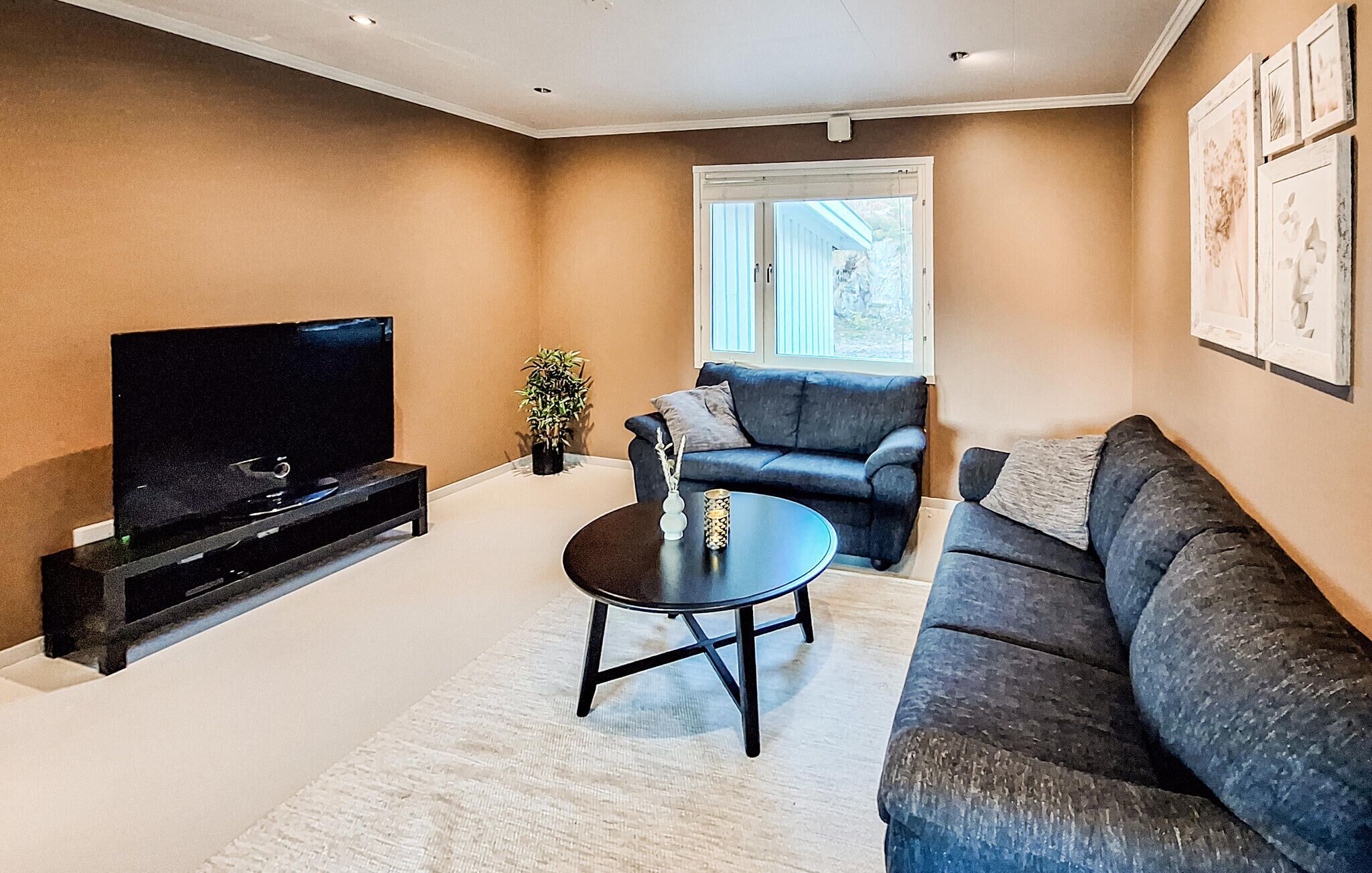 Ein Wohnzimmer mit Flachbildfernseher, zwei Sofas, einem Couchtisch und einem Blumentopf.