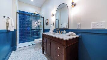 Chuveiro, secador de cabelo, toalhas de banho, sabonete