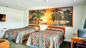 A hotel room with two beds, a television, a desk, and a painting of a sunset over palm trees. - Hospitality Inn by Hotel O Selma US 80 (Selma)