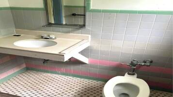 Un baño con lavamanos, espejo e inodoro.