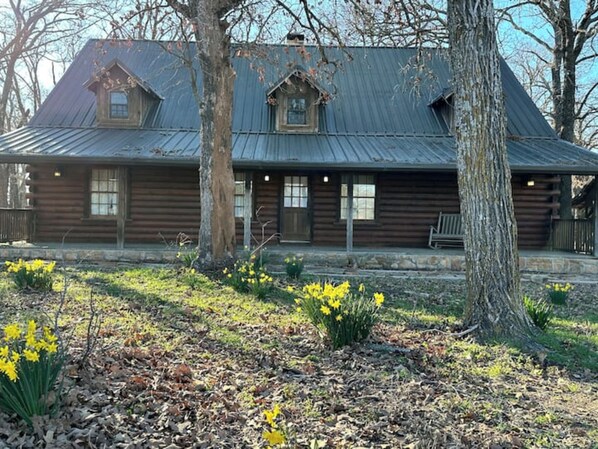Une cabane en rondins surmontée d’un toit en métal, entourée d’arbres et de fleurs jaunes.