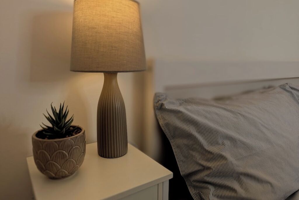 A bedside table with a lamp and a potted plant.