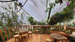 Une terrasse extérieure en bois, dotée de tables et de tabourets ronds, entourée d’une végétation luxuriante et de plantes en pot.