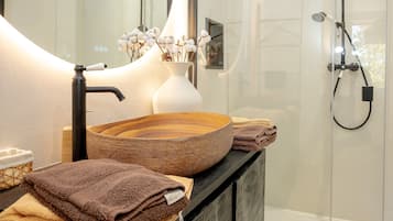 Shower, hair dryer, towels