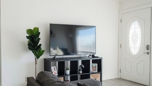 Een woonkamer met een flatscreen televisie op een zwart voetstuk, een grijze bank, een potplant en een witte deur met een decoratief glasraam.
