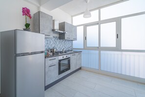 A modern kitchen with a refrigerator, oven, and stove, large windows, and a potted orchid.