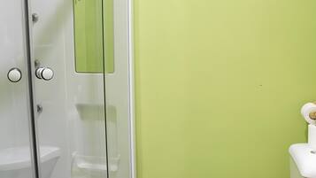 Et badeværelse med bruseniche, toilet og en grøn væg.