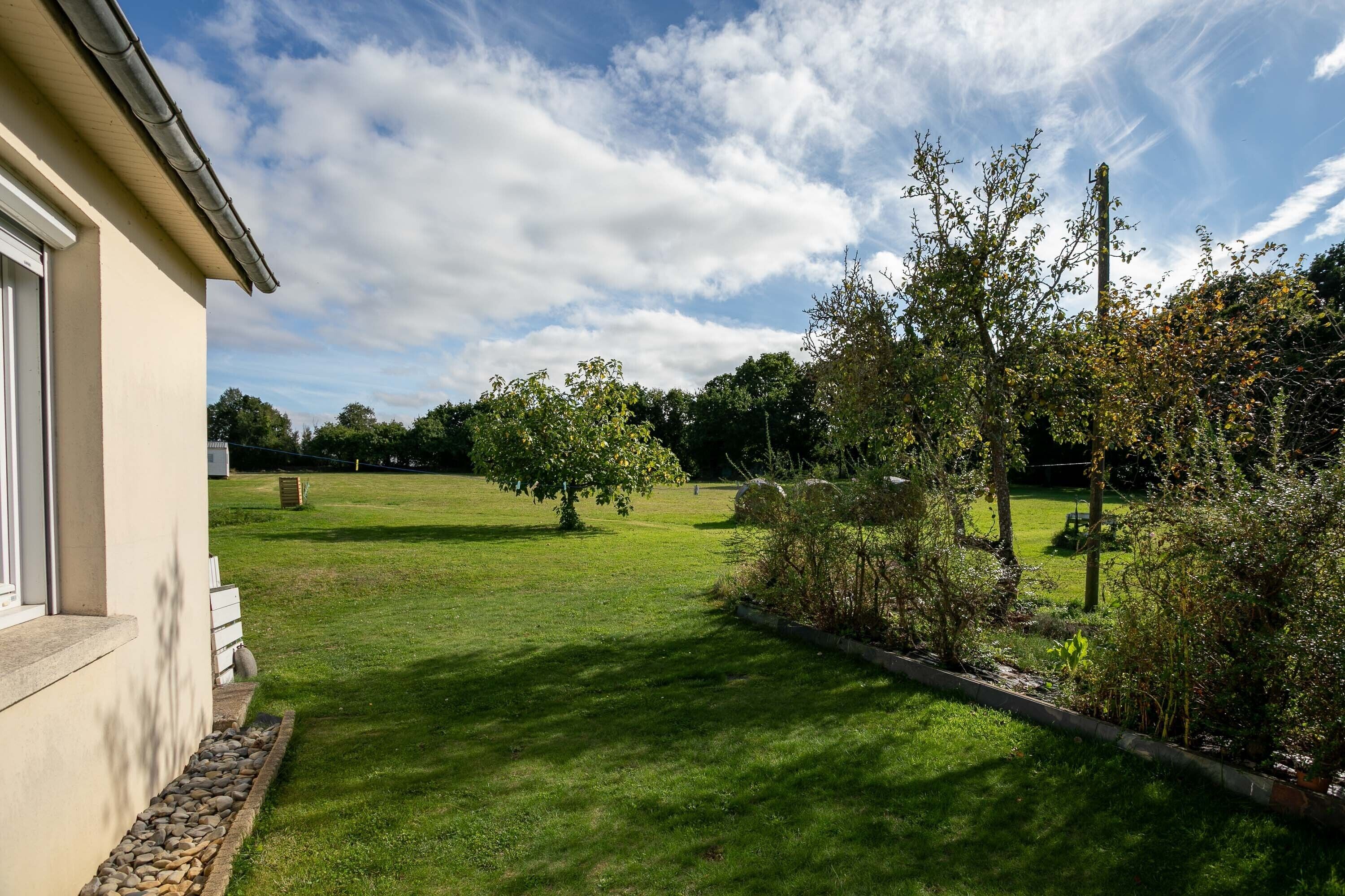 A residential property with a well-maintained lawn, a stone pathway, and a variety of shrubs and trees.