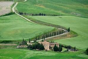 A rural landscape with rolling green fields, a winding road, and a traditional stone building surrounded by trees.