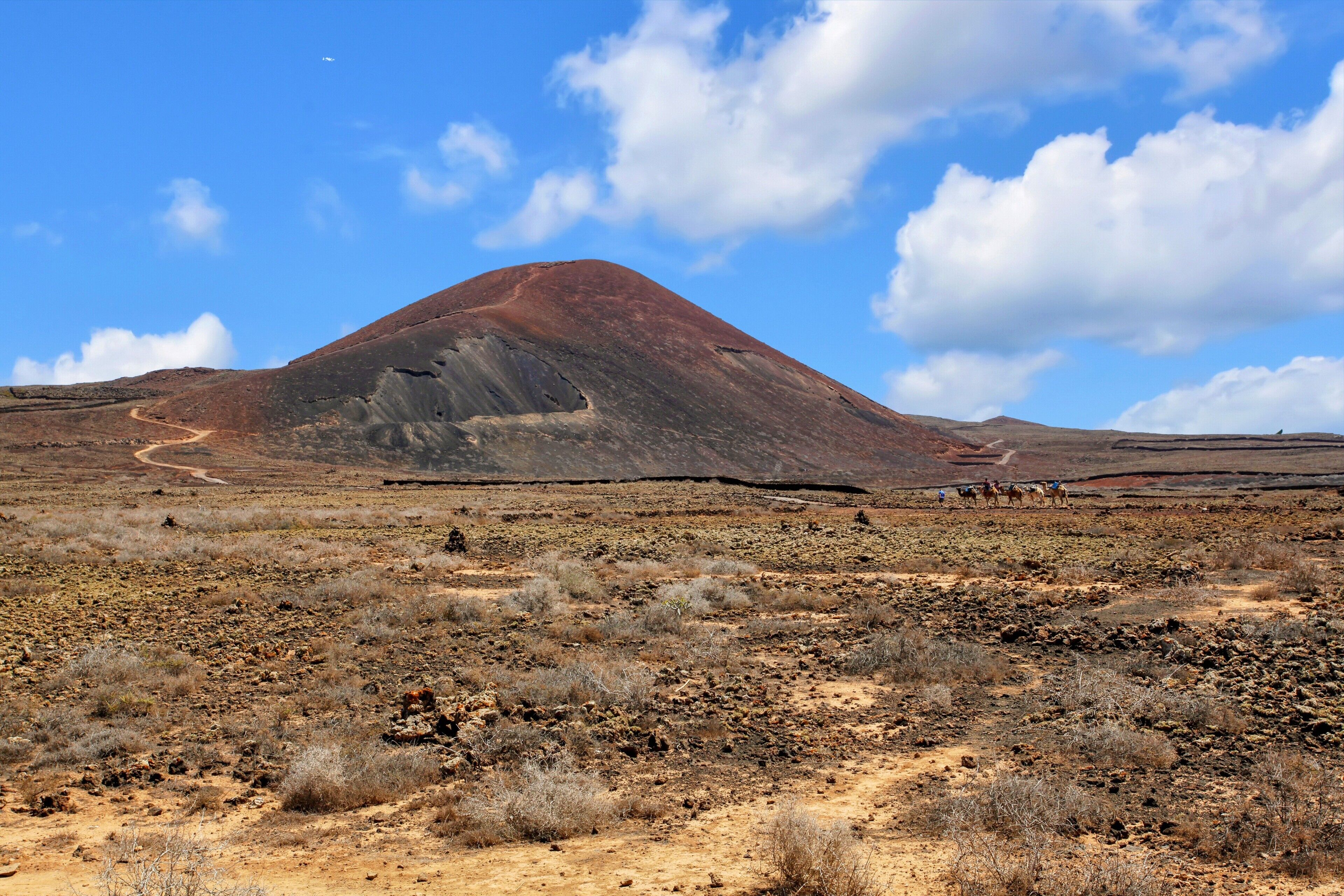 A barren landscape with a prominent hill, sparse vegetation, and a clear sky.