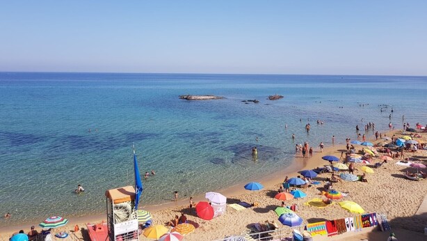 A beach with clear blue water, umbrellas, and people. - Apartment 'Charlie Beach' with Sea View, Balcony and Air Conditioning (castelsardo)